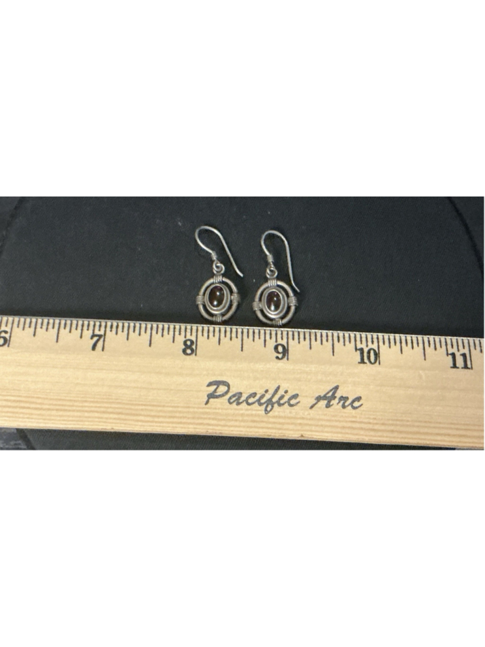 Vtg 925 Sterling Silver Oval Garnet Cabochon Wire Wrapped Halo Dangle Earrings. - Picture 5 of 5